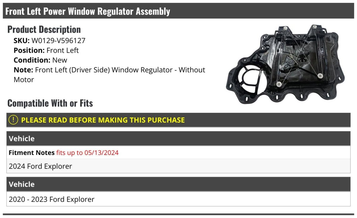Front Left Driver Side Power Window Regulator Assembly Without Motor For 2020-2024 Ford Explorer Up To 05 13 2024 Vehicle