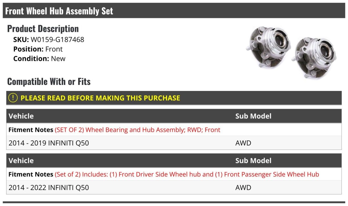 Front Wheel Bearing Hub Assembly Set Of 2 For 2014 To 2022 Infiniti Q50 Awd Position