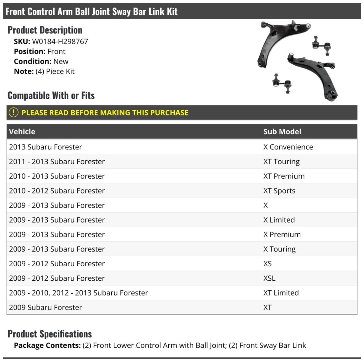 Front Lower Control Arm Ball Joint And Sway Bar Link Kit 4-piece For 2009-2013 Subaru Forester