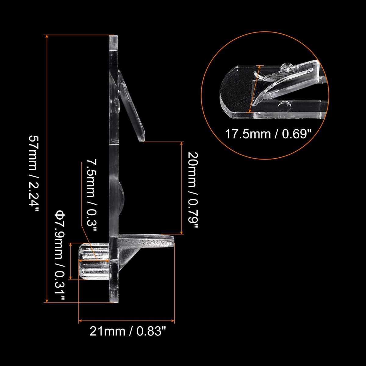 Uxcell Plastic Locking Shelf Pins 20pcs Clear Self-locking Support Pegs Clips Fit 7 9mm Hole 3 4 20mm Thick For Bookcase