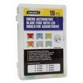 15 Piece Automotive Marine Micro Fuse Set Color Coordinated With Storage Case 