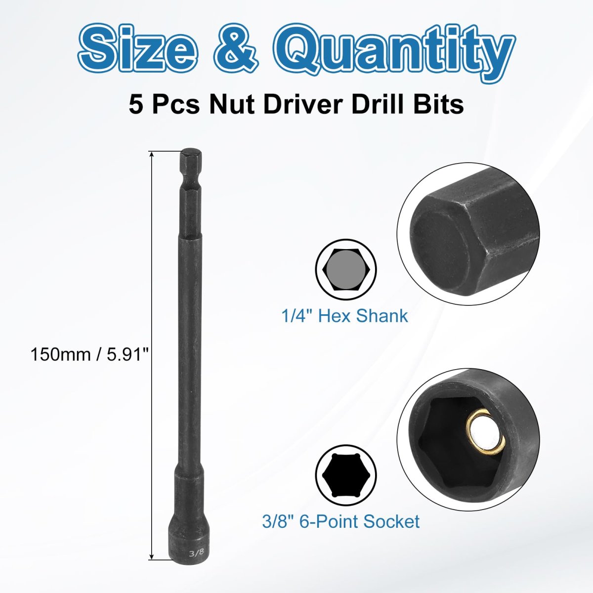 5pcs Hex Nut Driver Drill Bit 3 8 In 6 Point Socket 1 4 Shank Magnetic Setter Cr-v Steel Bolt Sockets For Power Drills Impact