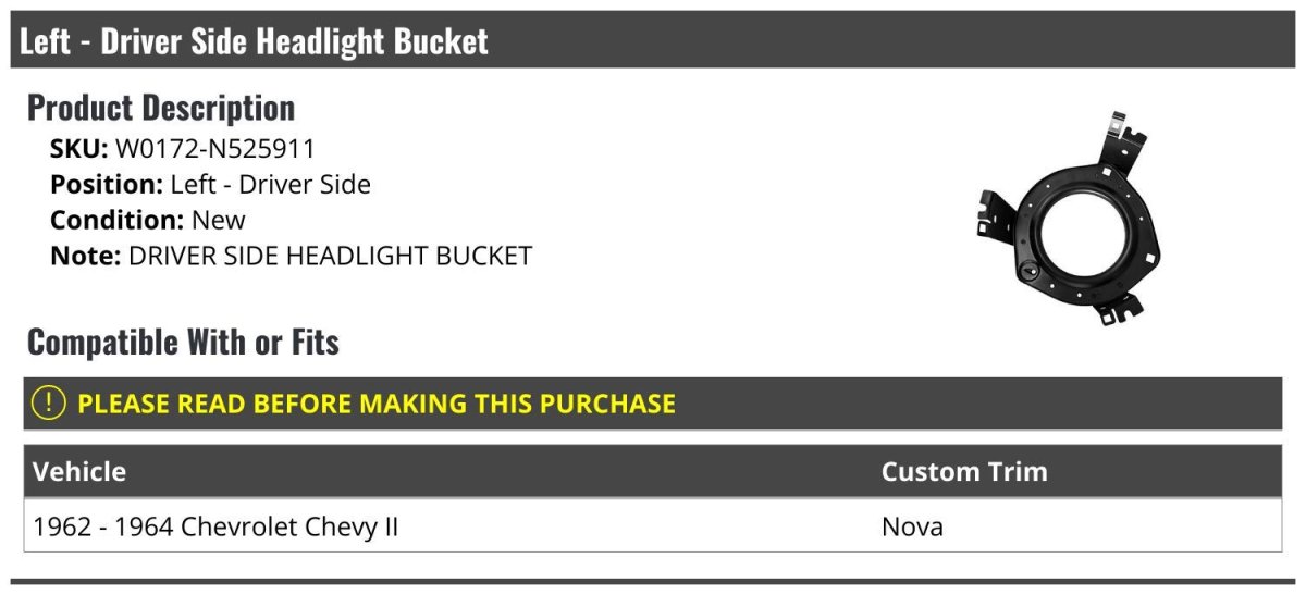 Left Driver Side Headlight Bucket For 1962-1964 Chevy Ii