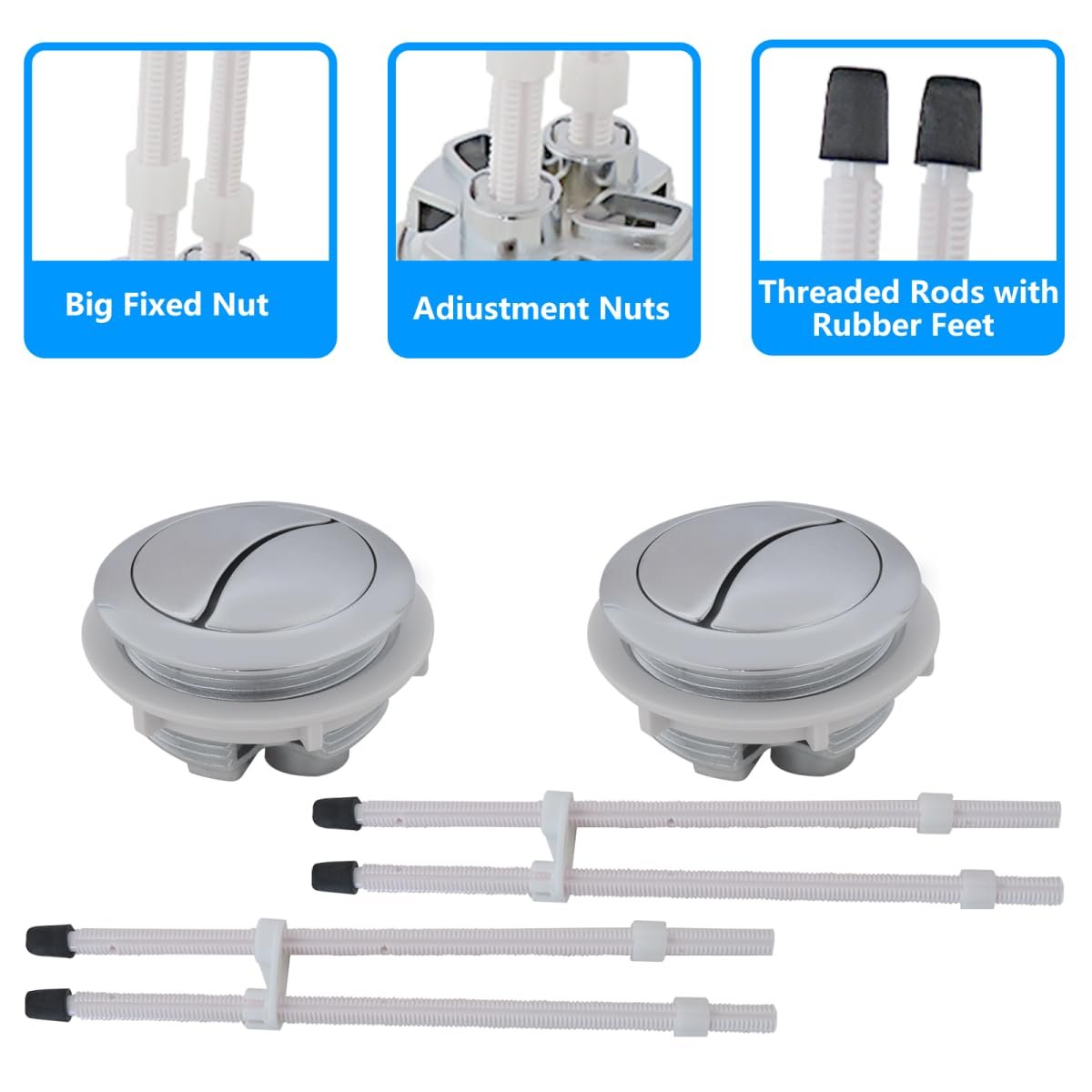 Dual Flush Toilet Push Button Replacement 48mm Hole Tank With Adjustable Threaded Rods 2 Pack