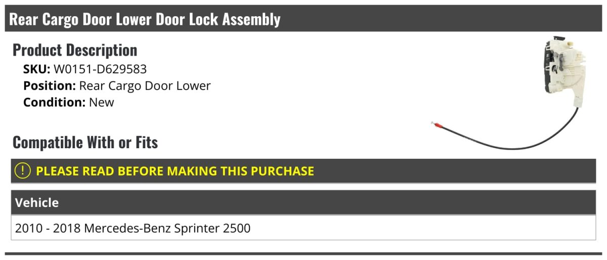 Rear Cargo Door Lower Lock Assembly For 2010-2018 Mercedes-benz Sprinter 2500