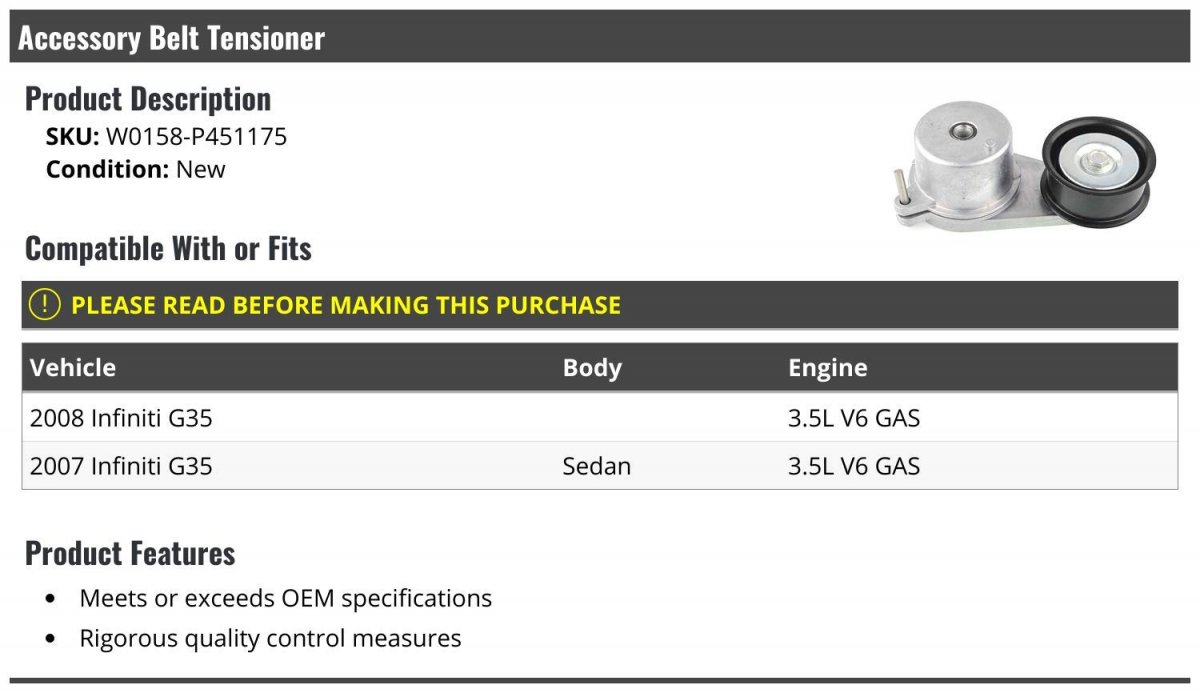 Accessory Belt Tensioner For 2007-2008 Infiniti G35 Sedan 3 5l V6 Gas
