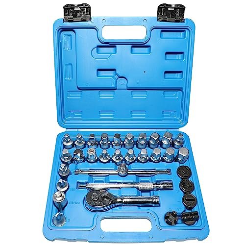 32 Pcs Oil Drain Plug Removal Kit 3 8 In Drive Socket Set For Gm Vw Ford Mercedes Audi Bmw Sump Back Axle Differential Gearbox