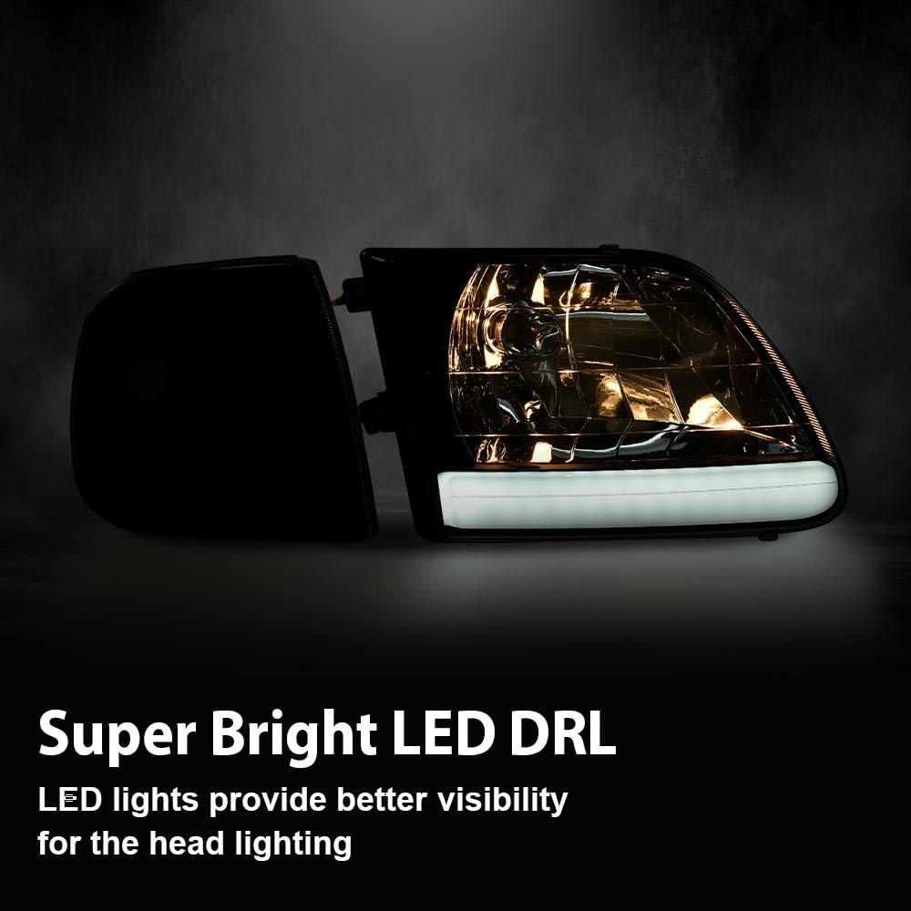 Led Drl Headlights For Ford Expedition 1997-2002 Fit F150 1998-2003 F250 Light Duty 1997-1999 W Corner Lamps Smoky Lens Black