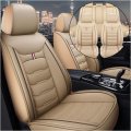 Universal Fit Car Seat Covers 5 Seats Set Beige Pu Leather And Sponge Pads For Ford Cadillac Toyota Front Rear Full Coverage 