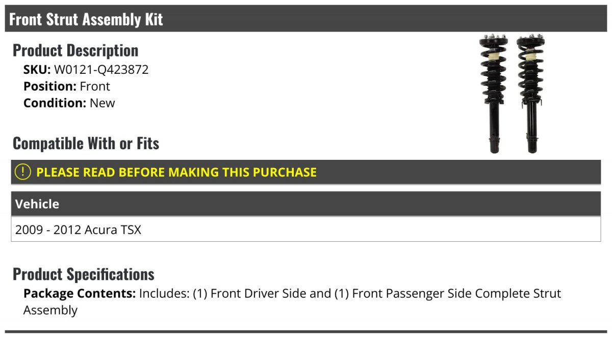Front Strut And Coil Spring Assembly Set Of 2 For 2009-2012 Acura Tsx