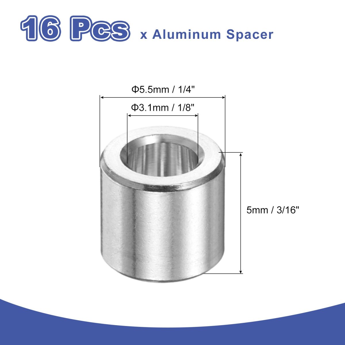 16pcs Aluminum Spacer 1 8 Id X 7 32 Od 16 Length 3 1x5 5x5mm Screw Standoff Bushing Plain Finish Unthreaded Round Metal For M3