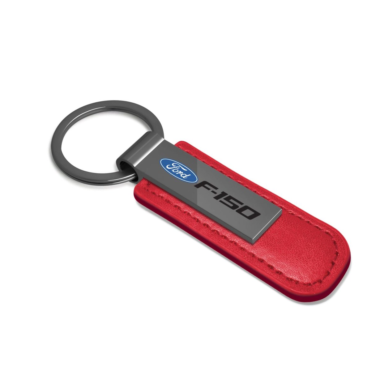 Ford F-150 Red Pu Leather Strap Gunmetal Gray Metal Bar Key Chain Official Licensed