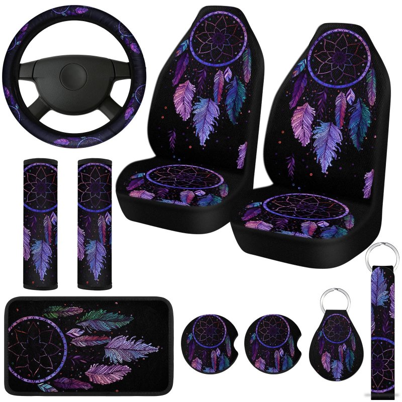 Dreamcatcher Design Car Seat Covers 10 Piece Set Front Cover Steering Wheel Belt Pads Armrest Coasters Keychain For Auto Suvs