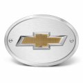 Ipick Image Made For Chevrolet 3d Gold Logo On Brushed Silver Oval Billet Aluminum 2-inch Tow Hitch Cover