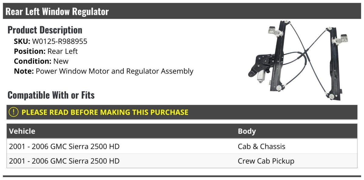 Rear Left Driver Side Window Regulator With Motor For 2001-2006 Gmc Sierra 2500 Hd Cab Chassis Crew Cab Pickup