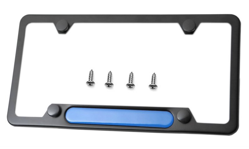Stainless Steel License Plate Frame Black 4 Holes Blue Line