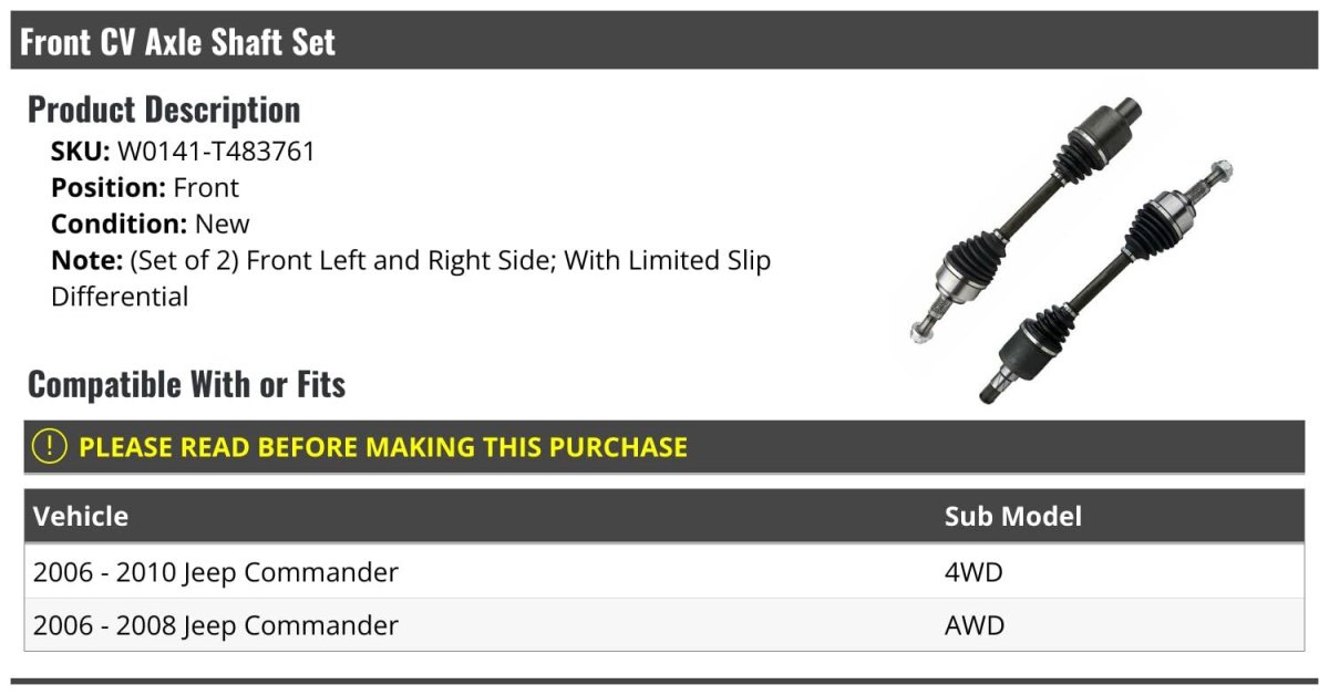 Front Cv Axle Shaft Set Of 2 For 2006-2010 Jeep Commander With Limited Slip Differential