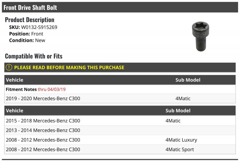 Front Drive Shaft Bolt For 2008-2020 Mercedes-benz C300 Up To 04 03 2019