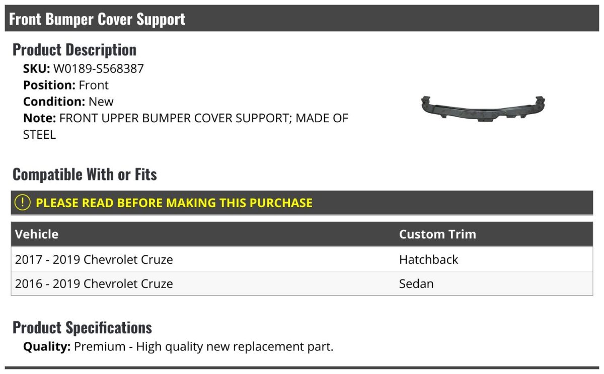 Front Upper Bumper Cover Support Made Of Steel For 2016-2019 Chevy Cruze