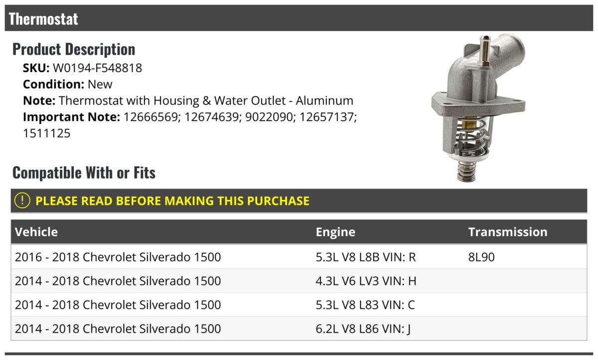 Thermostat With Housing And Water Outlet Aluminum For 2014 2018 Chevy Silverado 1500 Fits 4 3l V6 Lv3 5 V8 L8b L83 6 2l L86