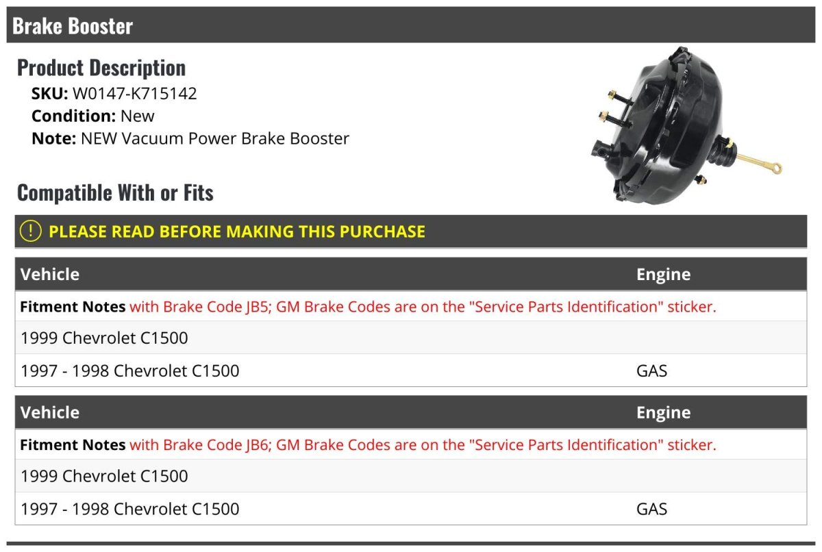 Vacuum Power Brake Booster For 1997 1998 1999 Chevy C1500 Gas With Code Jb5 Jb6 Model W0147-k715142