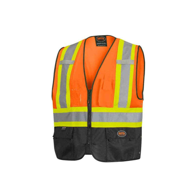 Pioneer Safety Vest Hi Vis Reflective Solid Neon 8 Pockets Zipper Adjustable For Construction Traffic Survey Work A Multiple