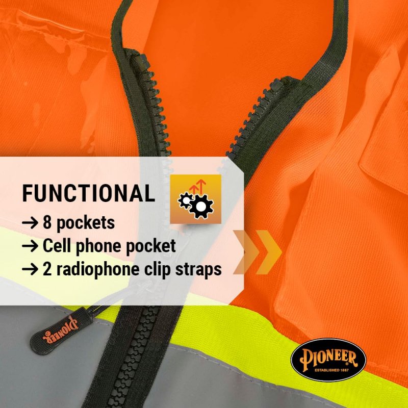 Pioneer Safety Vest Hi Vis Reflective Solid Neon 8 Pockets Zipper Adjustable For Construction Traffic Survey Work A Multiple