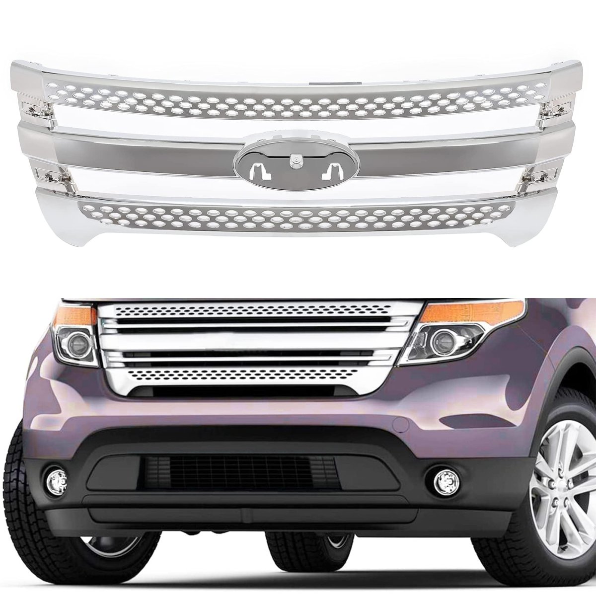 Hecasa Front Grille For 2011-2015 Ford Explorer Chrome Grill Insert Plastic Abs Silvery