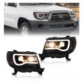 Hecasa Pair Projector Headlights For 2005-2011 Toyota Tacoma Headlamp W Bulbs U-type Drl Led Tube Clear Lens Black Housing 