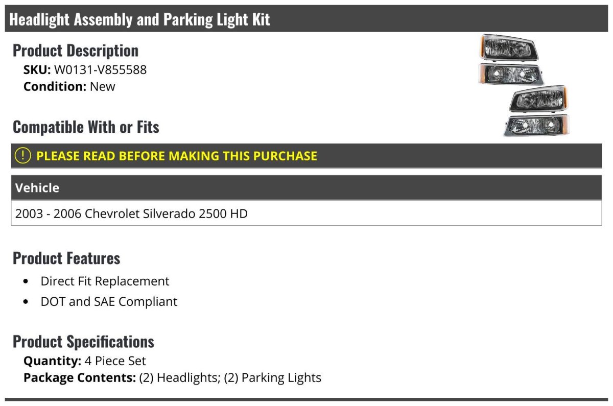 Headlight Assembly And Parking Light Kit 4 Piece Set For 2003 To 2006 Chevy Silverado 2500 Hd Direct Fit Replacement Dot Sae