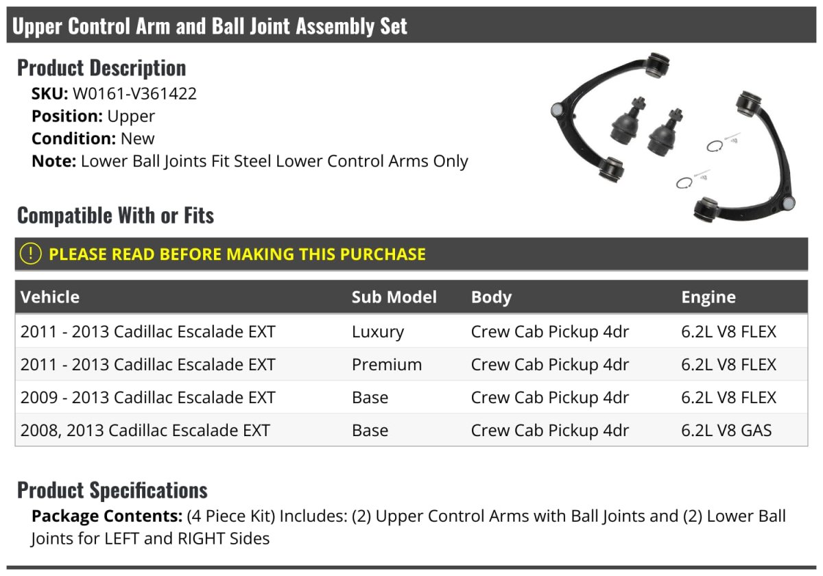 Upper Control Arm And Ball Joint Assembly Set For 2008 2013 Cadillac Escalade Ext Crew Cab Pickup 4 Piece Kit With Lower Joints