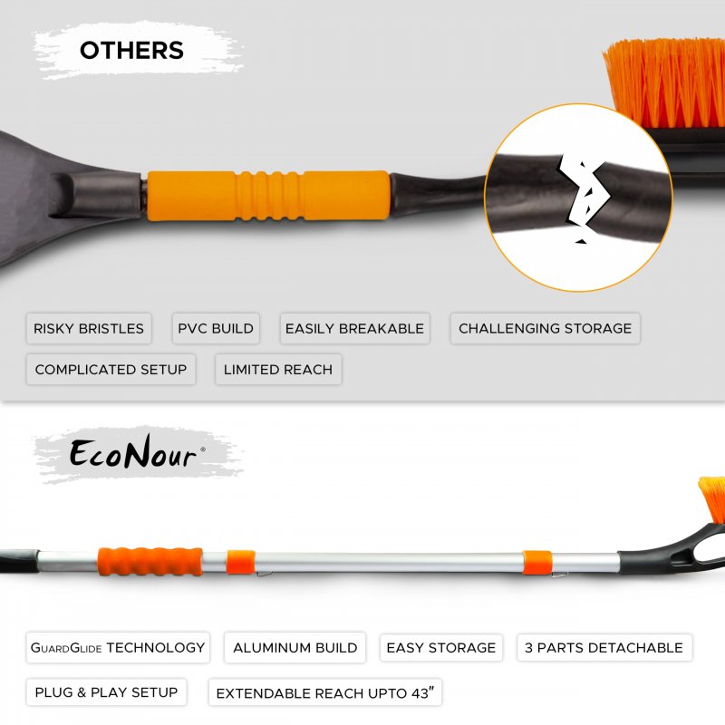 Extendable Ice Scraper And Snow Brush For Car Windshield 43 In Telescopic 3 Part Detachable Broom Trucks Suv Orange 2 Pack