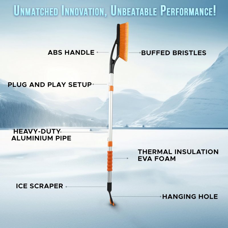 Extendable Ice Scraper And Snow Brush For Car Windshield 43 In Telescopic 3 Part Detachable Broom Trucks Suv Orange 2 Pack