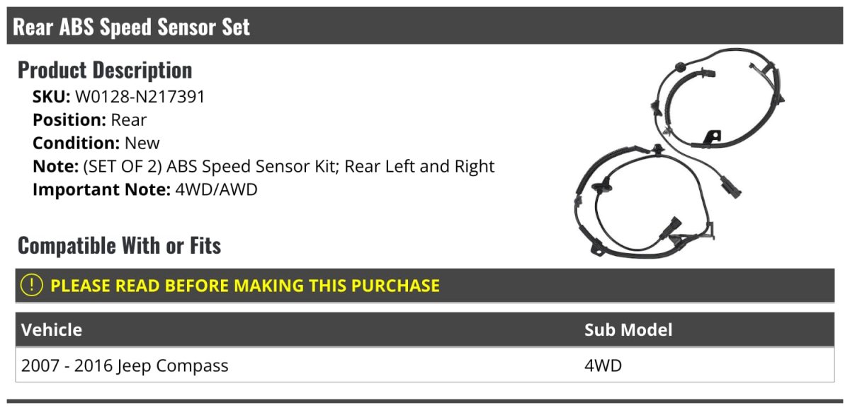 Rear Abs Speed Sensor Set Of 2 For 2007-2016 Jeep Compass 4wd