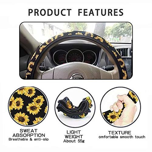 Geprint Stylish Art Floral Print Car Accessories Set For Women Includes Non-slip Neoprene Steering Wheel Cover Best Grip And