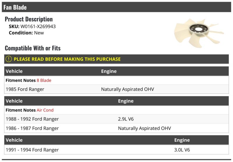 Fan Blade 8 For 1985-1994 Ford Ranger