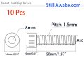 10 Pcs M10 1 5x50mm Stainless Steel Hex Socket Head Cap Screws Din 912 Inner Bolts Silver Tone