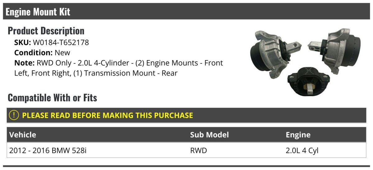 Engine Mount And Transmission Kit 3 Piece For 2012-2016 Bmw 528i Rwd 2 0l 4-cylinder