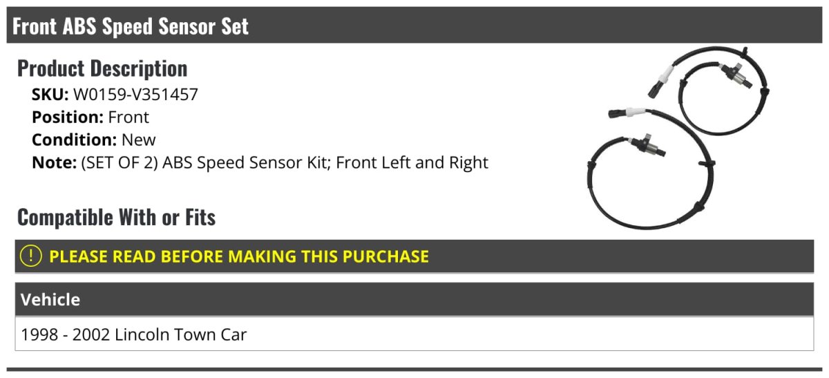 Front Abs Speed Sensor Set Of 2 For 1998 To 2002 Lincoln Town Car Left And Right Position W0159-v351457