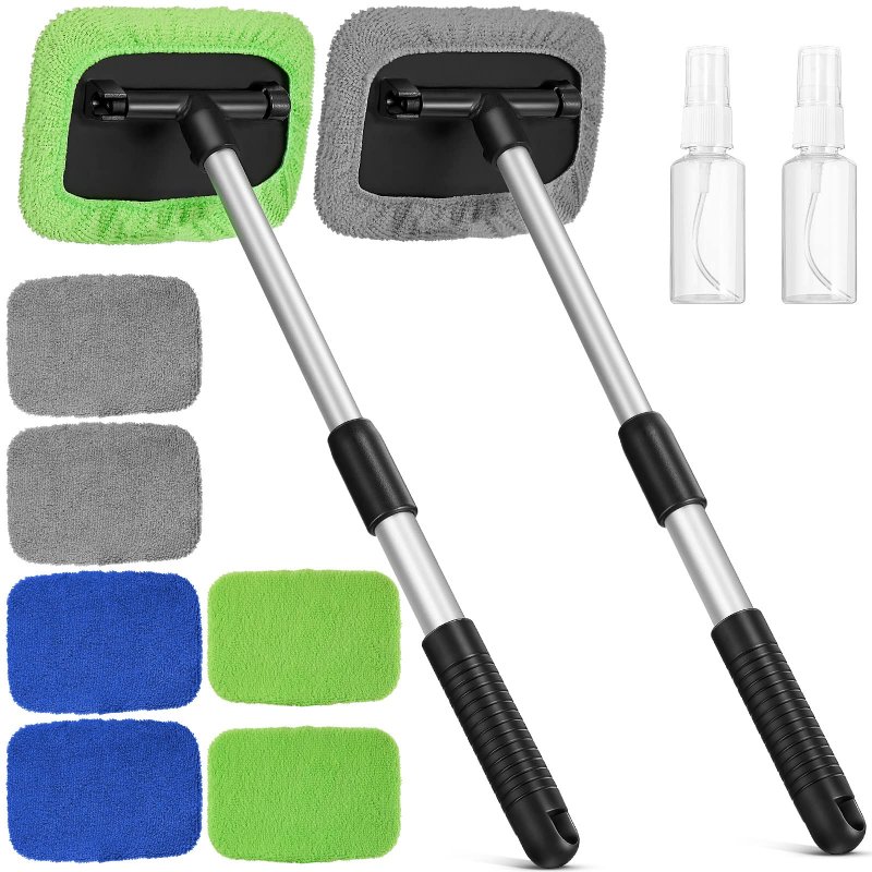 2 Sets Car Window Cleaner Kit With Adjustable Handle 6 Microfiber Pads And Spray Bottles 180 Degrees Swivel Windshield Cleaning
