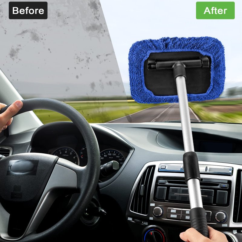 2 Sets Car Window Cleaner Kit With Adjustable Handle 6 Microfiber Pads And Spray Bottles 180 Degrees Swivel Windshield Cleaning