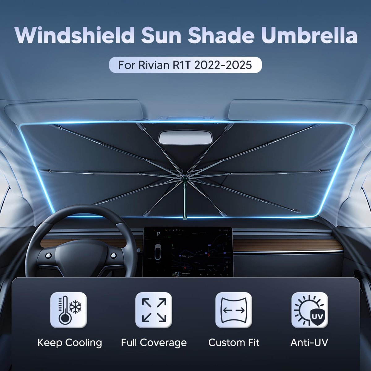 Windshield Sun Shade Umbrella For 2022 2026 Rivian R1t R1s Ice Crystal Material Carshade 100 Percent Sun Blocking And Easy