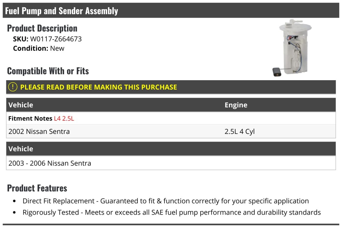 Fuel Pump And Sender Assembly For 2002-2006 Nissan Sentra 2 5l 4-cylinder