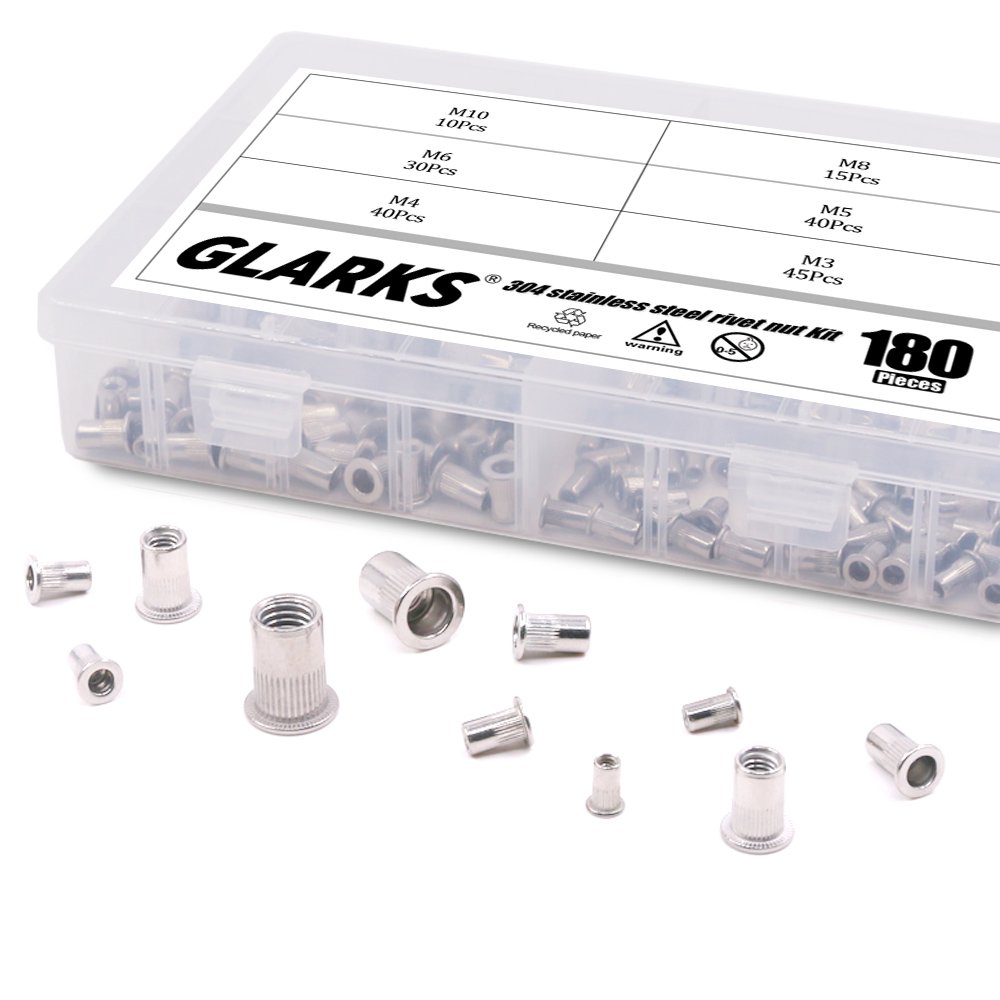 Glarks 180pcs 304 Stainless Steel Flat Head Threaded Rivetnut Insert Nutsert Rivet Nut Assortment Kit M3 M4 M5 M6 M8 M10