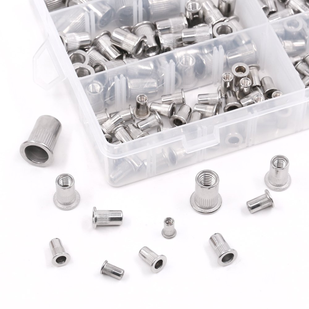Glarks 180pcs 304 Stainless Steel Flat Head Threaded Rivetnut Insert Nutsert Rivet Nut Assortment Kit M3 M4 M5 M6 M8 M10