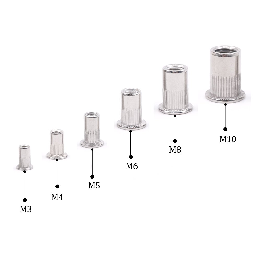 Glarks 180pcs 304 Stainless Steel Flat Head Threaded Rivetnut Insert Nutsert Rivet Nut Assortment Kit M3 M4 M5 M6 M8 M10