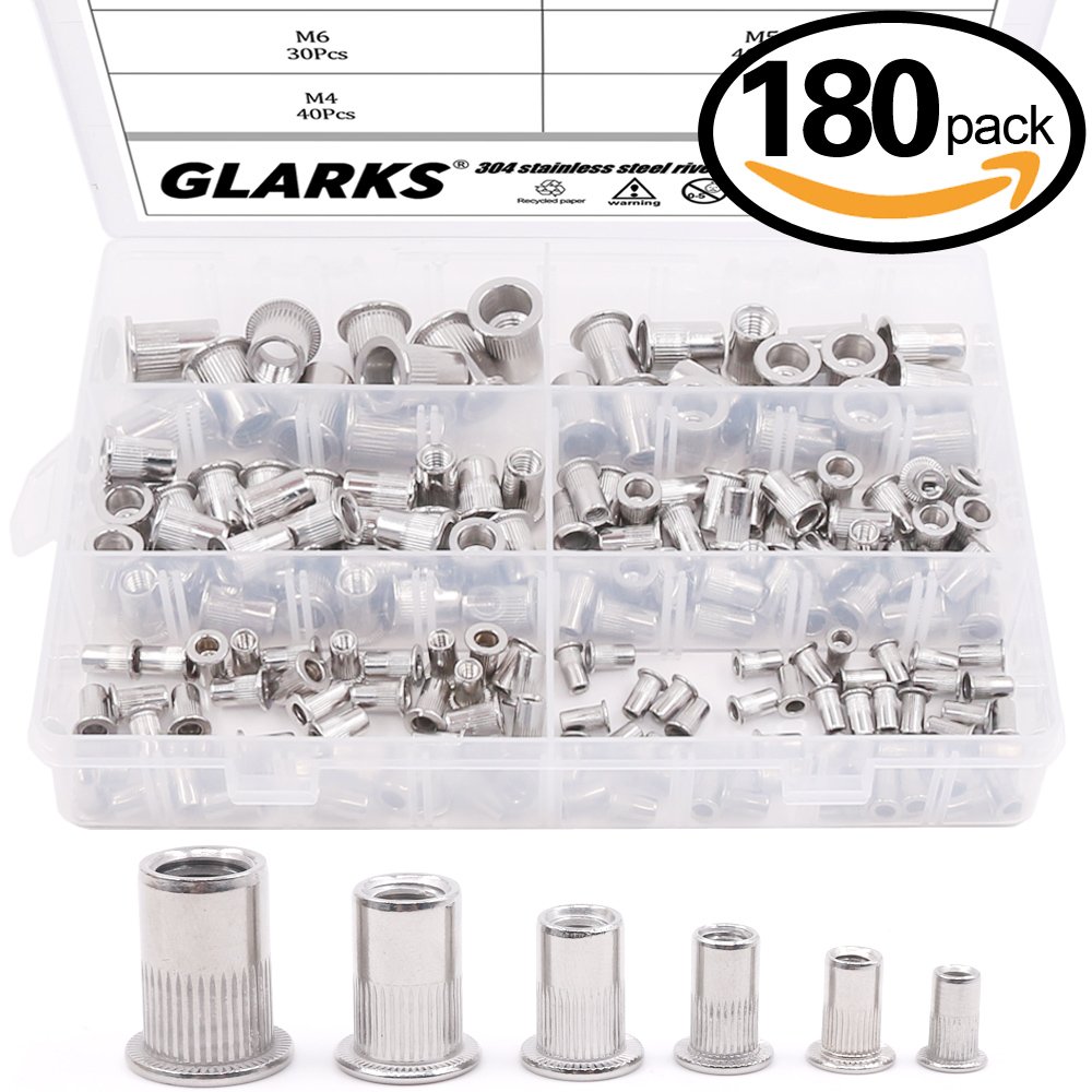 Glarks 180pcs 304 Stainless Steel Flat Head Threaded Rivetnut Insert Nutsert Rivet Nut Assortment Kit M3 M4 M5 M6 M8 M10
