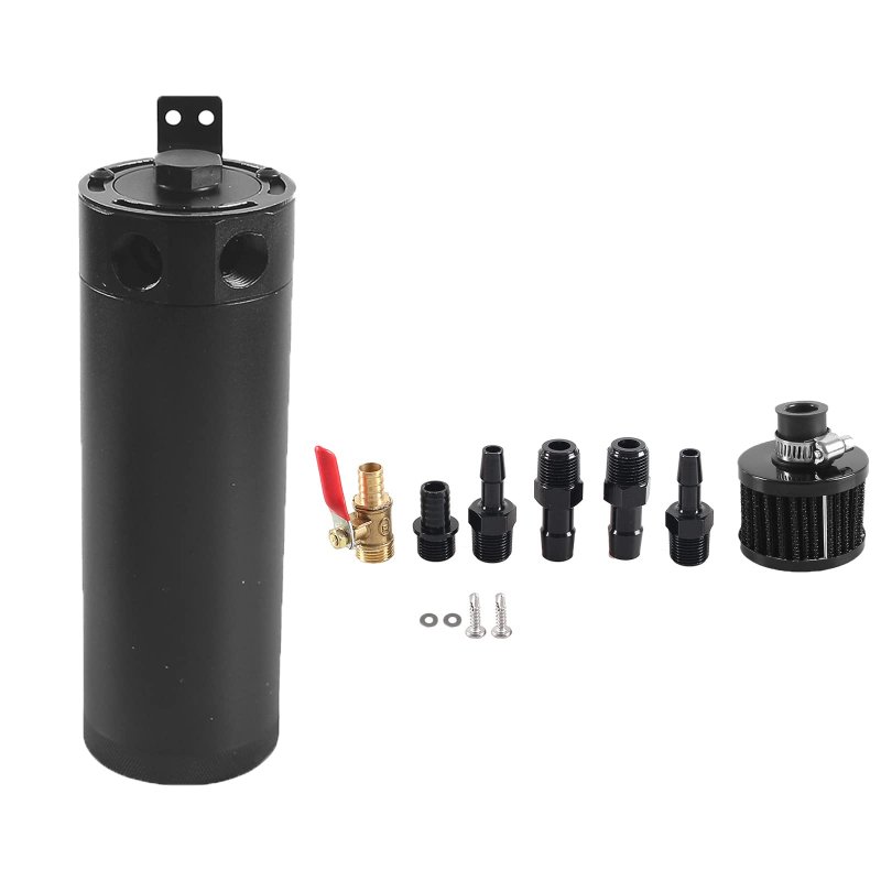 750ml Oil Catch Can Kit Universal Separator Baffled Reservoir Tank With Breather Filter And Drain Valve 2 Ports Aluminum Black
