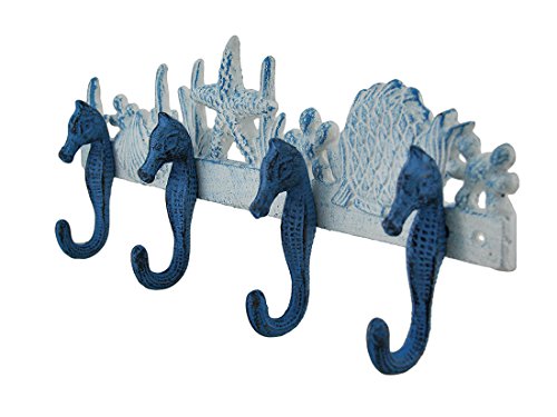 Zeckos Cast Iron Decorative Wall Hooks Blue And White Seahorses Sea Life Hook 15 25 X 6 2 Inches