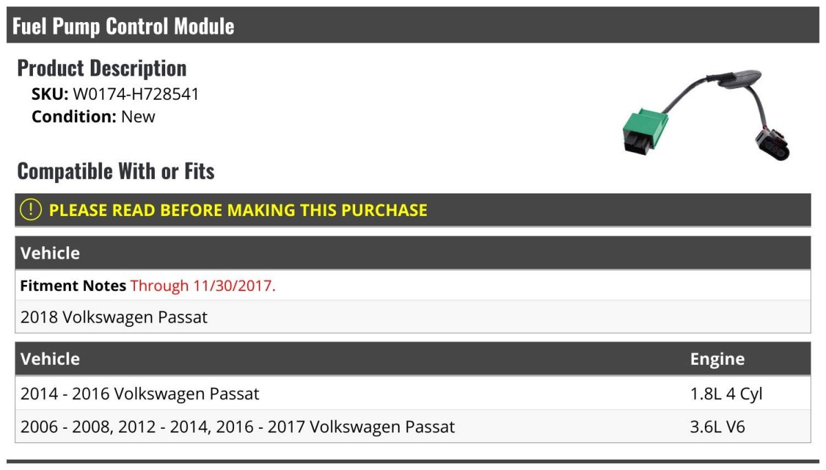 Fuel Pump Control Module For 2006-2008 2012-2018 Volkswagen Passat Up To 11 30 2017